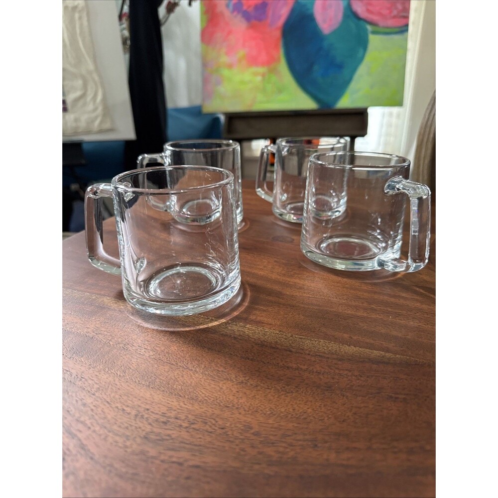 Set Of 4 Clear Glass Coffee Mugs Modern Lines Cool Angled Handles
